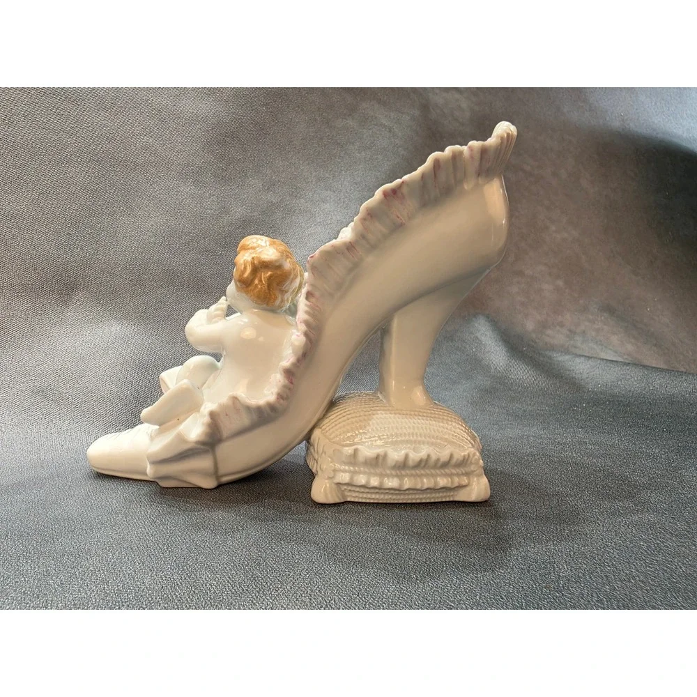 Vintage Porcelain Cherub Figurine High Heel Shoe Planter Japan White Pink